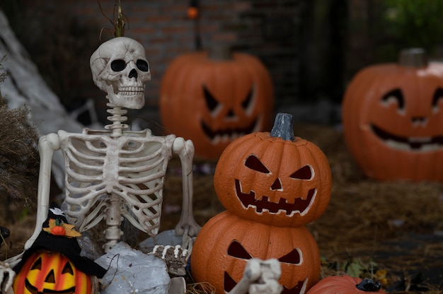 Halloween avec concept de citrouille et squelette sur fond.
