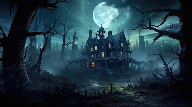Halloween dans la forêt la nuit Paysage effrayant et un grand château en arrière-plan IA générative