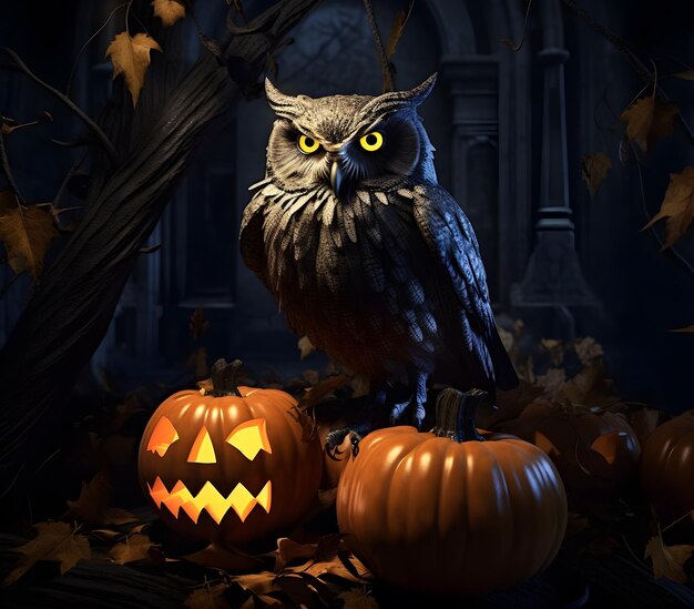 Halloween Dark Owl assis sur une citrouille dans la nuit noire Ai généré