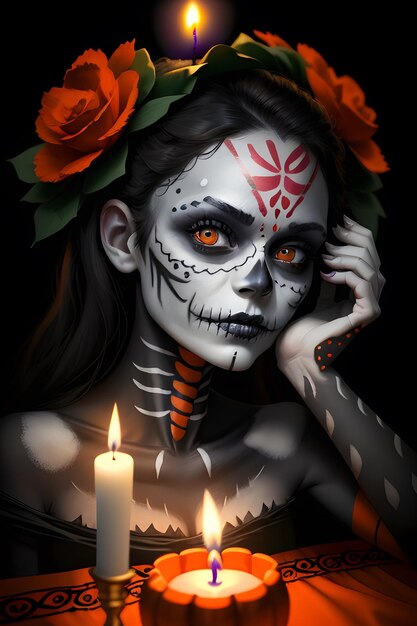 Halloween Day of the dead bodypaint portrait décoré de fleurs sur la tête et de bougies sur le tabel AI Generative