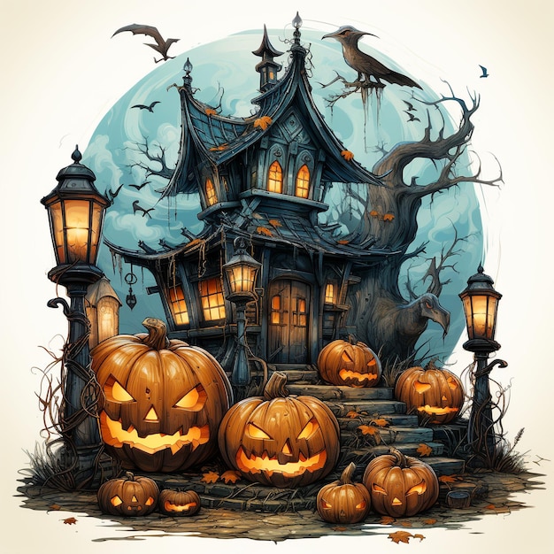 Halloween Day Spooky Magic Halloween Castle au milieu des nuits effrayantes d'octobre dans un monde de fantasmes gothiques