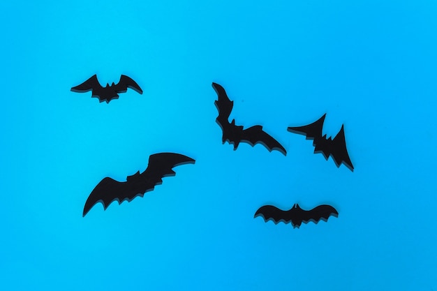 Halloween, décorations et concept effrayant. Les araignées et les chauves-souris noires survolent le bleu vif