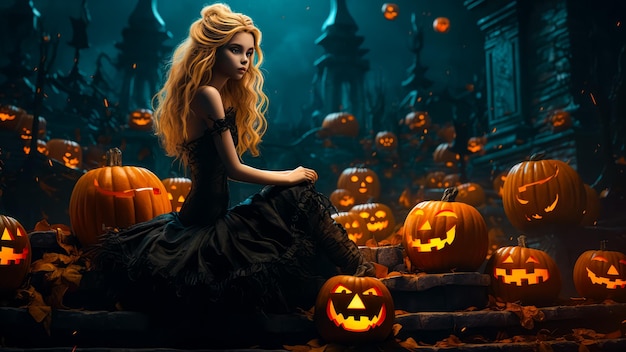 Halloween effrayant sorcière gothique fille 3d personnage dessin animé citrouille fond d'écran bannière paysage