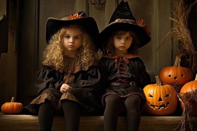 Halloween enfants en costumes en plein air Joyeux Halloween carte Automne vacances amusant Drôle enfants fête expression