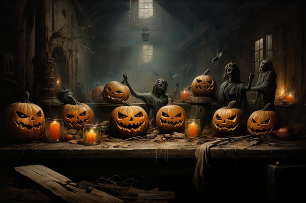 Halloween est amusant vacances traditionnelles monstre de citrouille fond sombre et bougies sorcellerie magique
