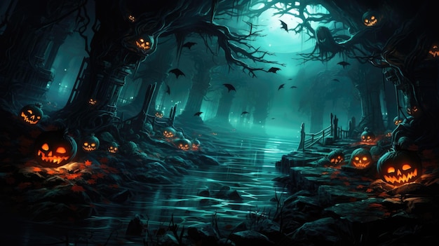 Halloween est une fête effrayante avec des citrouilles, des bougies, des chauves-souris et des monstres.