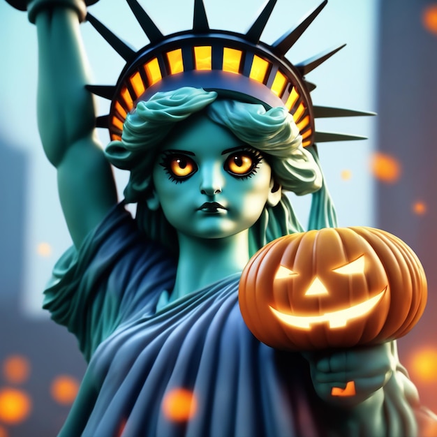 Halloween est une image réaliste de la Statue de la Liberté et des citrouilles d'Halloween