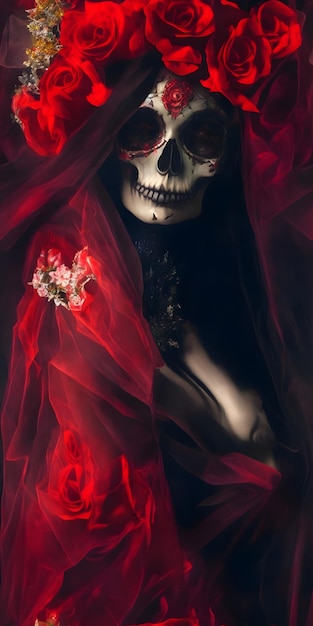 Photo halloween femme moster papier peint crâne tête squelette mort fleurs rouges rouge style mexicain plein