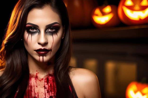 halloween une fille en robe noire avec des éclaboussures de sang et des ecchymoses sur son visage du sang sur son corps n