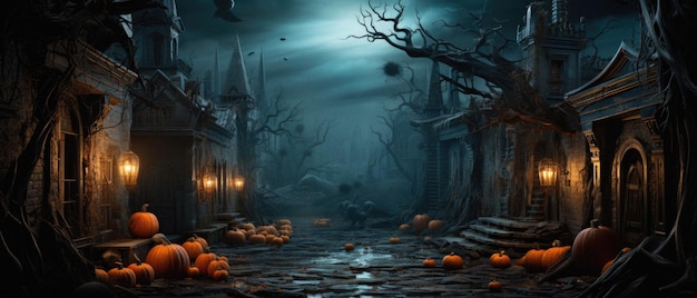 Halloween fond effrayant citrouilles effrayantes dans le château fantôme d'horreur effrayant