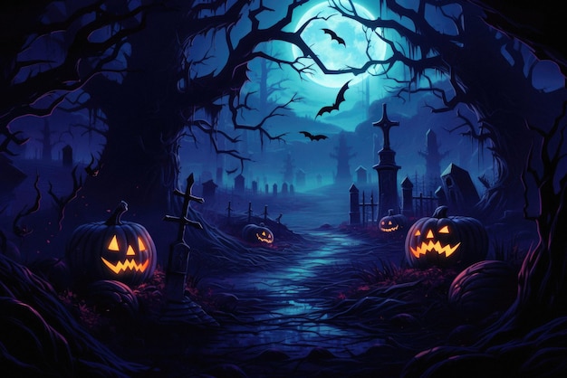 Halloween fond effrayant effrayant jack o lanterne citrouilles château de forêt effrayant