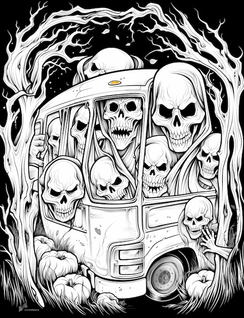 Photo halloween ghost express page à colorier avec des fantômes dans un bus