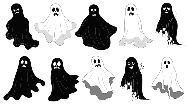 Halloween Ghost en noir et blanc Set d'icône premium sur fond blanc