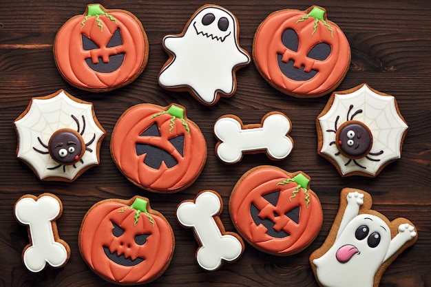 Halloween Gingerbread Cookies citrouilles fantômes araignée et os sur fond de bois Vue de dessus