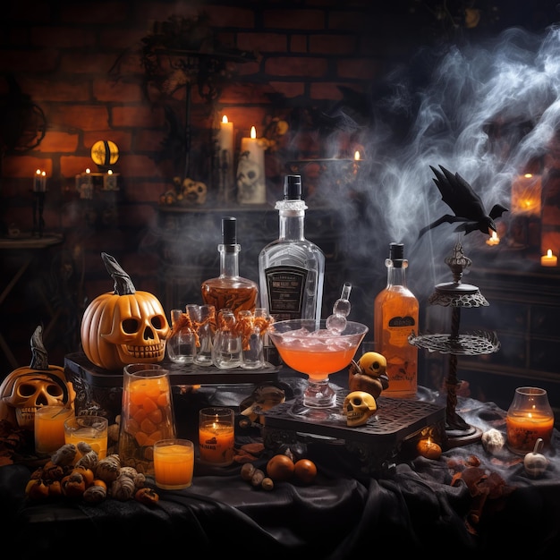 Halloween hante une table de salon enchanteuse inondée de steak hookah et d'alcool