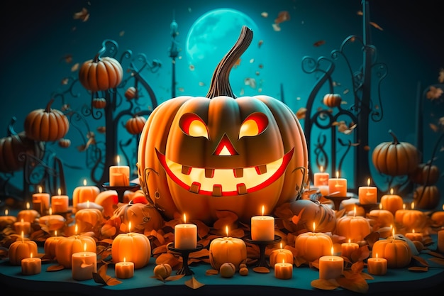 Halloween Holiday Design Citrouille effrayante entourée de bougies