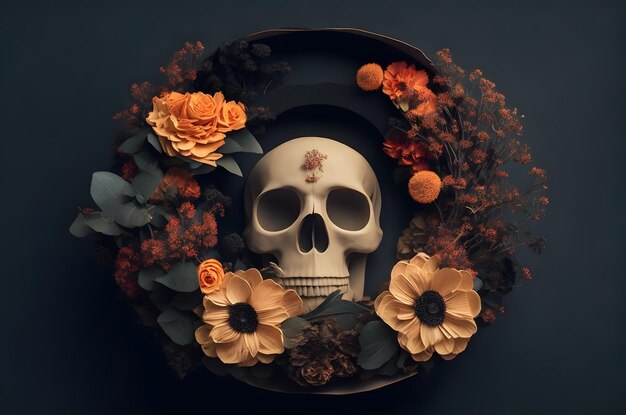 halloween jour du crâne mort avec des fleurs dans un cercle papier style d'art ai généré arrière-plan