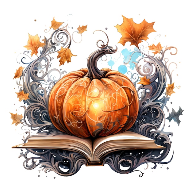Halloween livre ouvert fantaisie avec citrouille aquarelle illustration halloween clipart