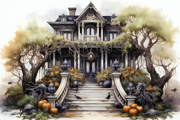 Halloween Mansion Porche Design Fond Aquarelle Devant Maison Fond D'écran Halloween