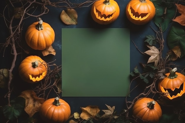 Halloween mock-up carré feuille verte vide citrouilles tombent feuilles brindilles sèches comme cadre autour de lui