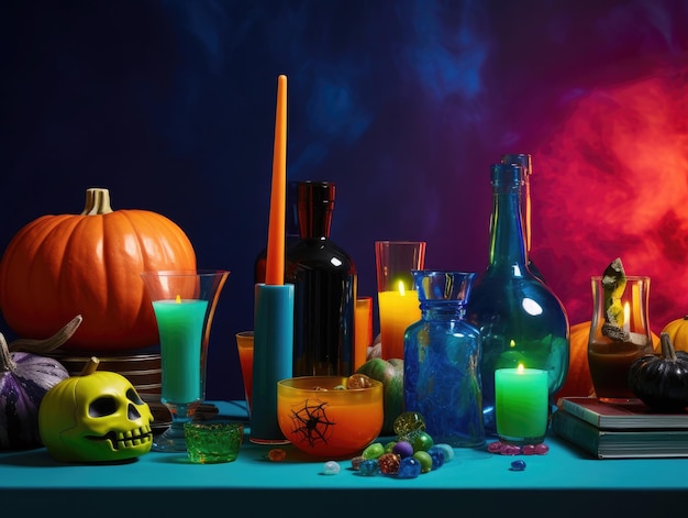 Halloween nature morte avec des bougies, des citrouilles, des bonbons et des bouteilles en verre