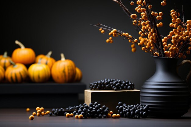 Halloween nature morte avec citrouilles et baies d'automne sur fond noir