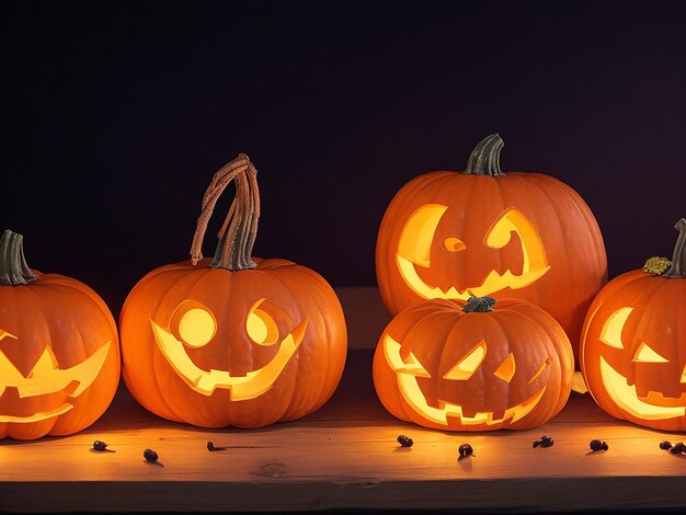 Halloween De nombreuses petites citrouilles avec des bougies la nuit générées par l'IA