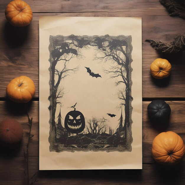 Halloween Old Kraft Paper Mockup modèle sur fond de bois sombre avec des bougies de citrouille d'humeur magique et mystérieuse