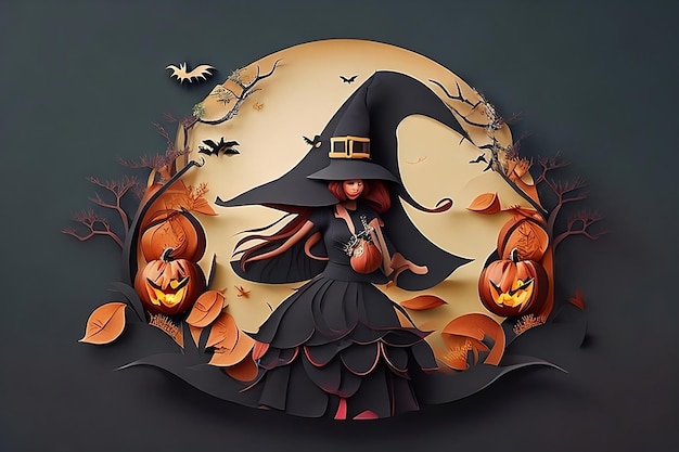 halloween sorcière fond sombre papier art style ai généré