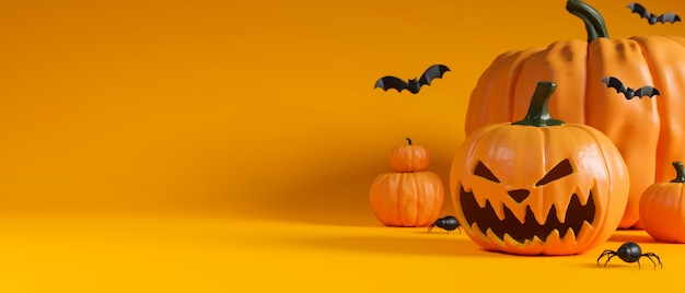 Halloween souriant citrouilles et chauves-souris sur fond jaune avec copie espace rendu 3D illustration 3D