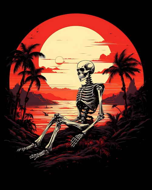 Halloween squelette vintage coucher de soleil Illustration couleur rétro fond 2D