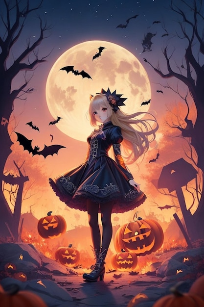 Halloween Twilight Charm Anime Fille blonde coréenne dans une scène effrayante