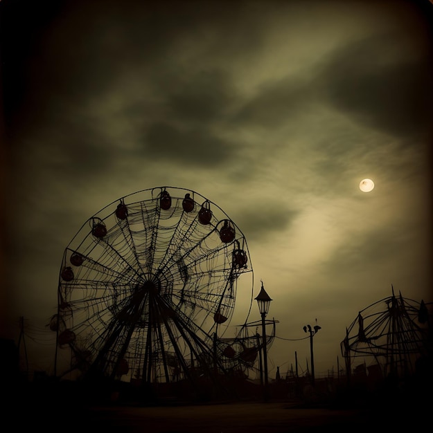 Halloween un vieux carnaval étrange au crépuscule Des manèges abandonnés couverts de toiles d'araignées