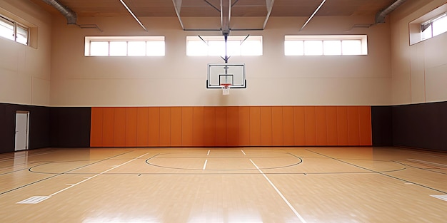 Hallue de sport de l'école vide avec plancher en bois et plateau de basket-ball vue de devant