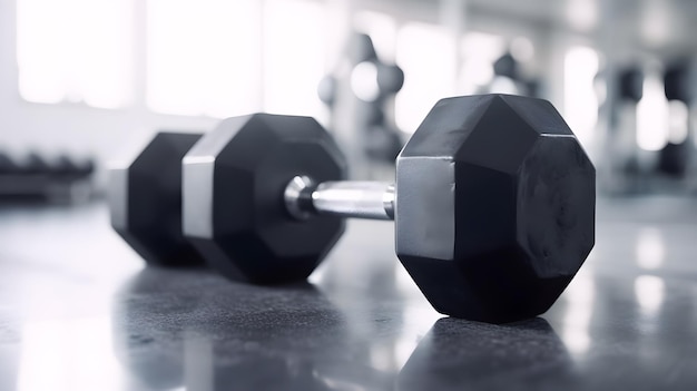 Un haltère noir est allongé sur le sol dans une salle de sport