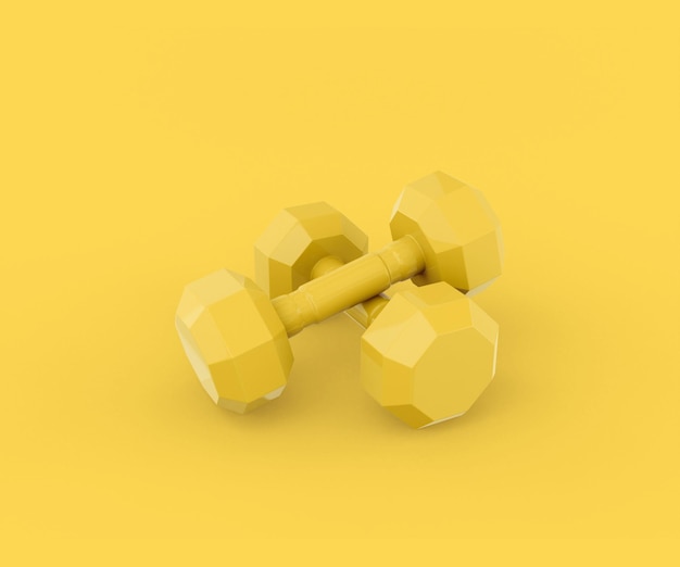 Haltères jaunes sur fond jaune. Objet de design minimaliste. rendu 3D.