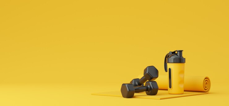 Photo haltères de tapis de yoga et bouteille de sport sur fond jaune