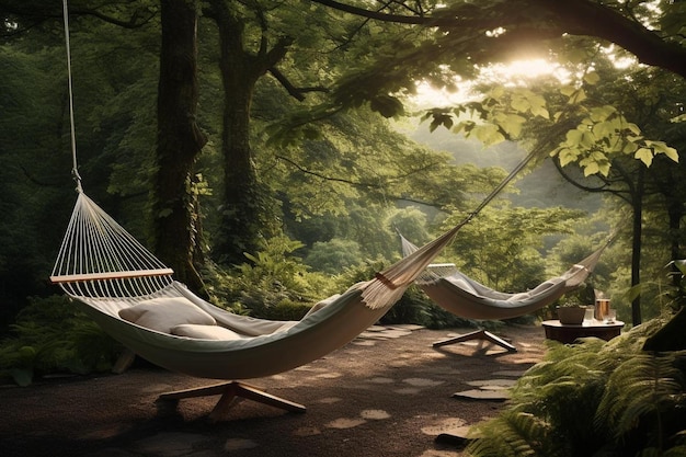 Un hamac dans la forêt avec vue sur le soleil