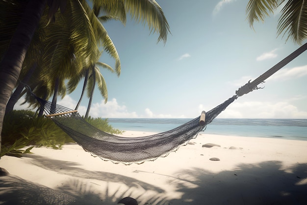 Hamac entre cocotiers sur une île tropicale avec une belle plage générée par l'IA
