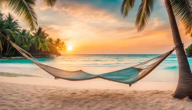 Photo un hamac est sur la plage et le soleil se couche.