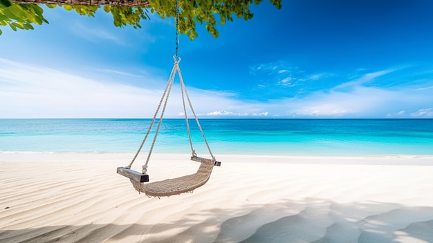 Un hamac est suspendu à un arbre sur une plage.