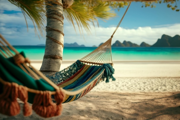 Un hamac sur une plage avec un palmier au premier plan.