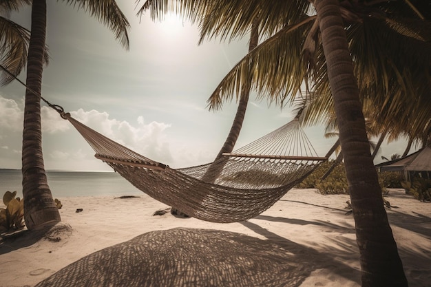 Un hamac sur une plage avec des palmiers en arrière-plan