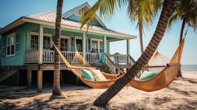 Un hamac se balance doucement d'un palmier sur la plage, invitant à la relaxation et à la tranquillité.