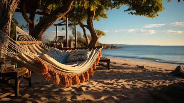 Un hamac se trouve sur la plage avec un arbre en arrière-plan.