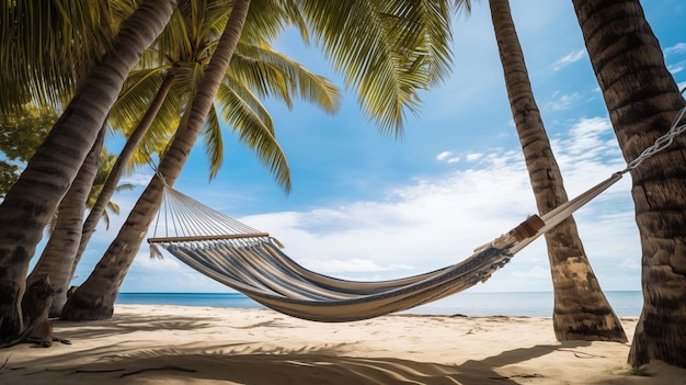 Photo des hamacs enchaînés entre des palmiers offrent une relaxation au bord de l'océan.