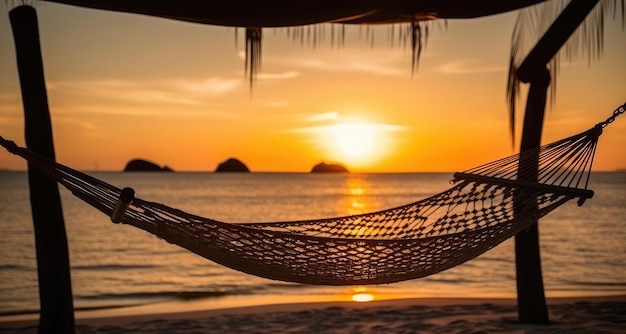 Hamacs sur une plage au coucher du soleil Generative AI