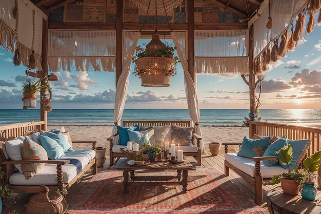 Hamacs de salle à manger bohème en bord de plage, décor en bois flotté et ambiance côtière