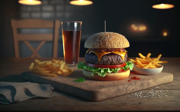 Un hamburger américain et un bol de frites sont assis sur une table délicieuse cheeseburger ai généré