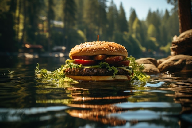 Un hamburger à l'ananas dans un café serein avec des arbres au bord de l'eau IA générative